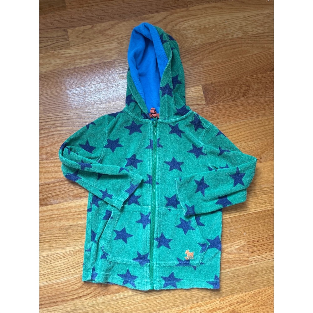 Mini Boden Boys Green Blue Star Terry Toweling Zip Up Hoodie Size 3-4Y